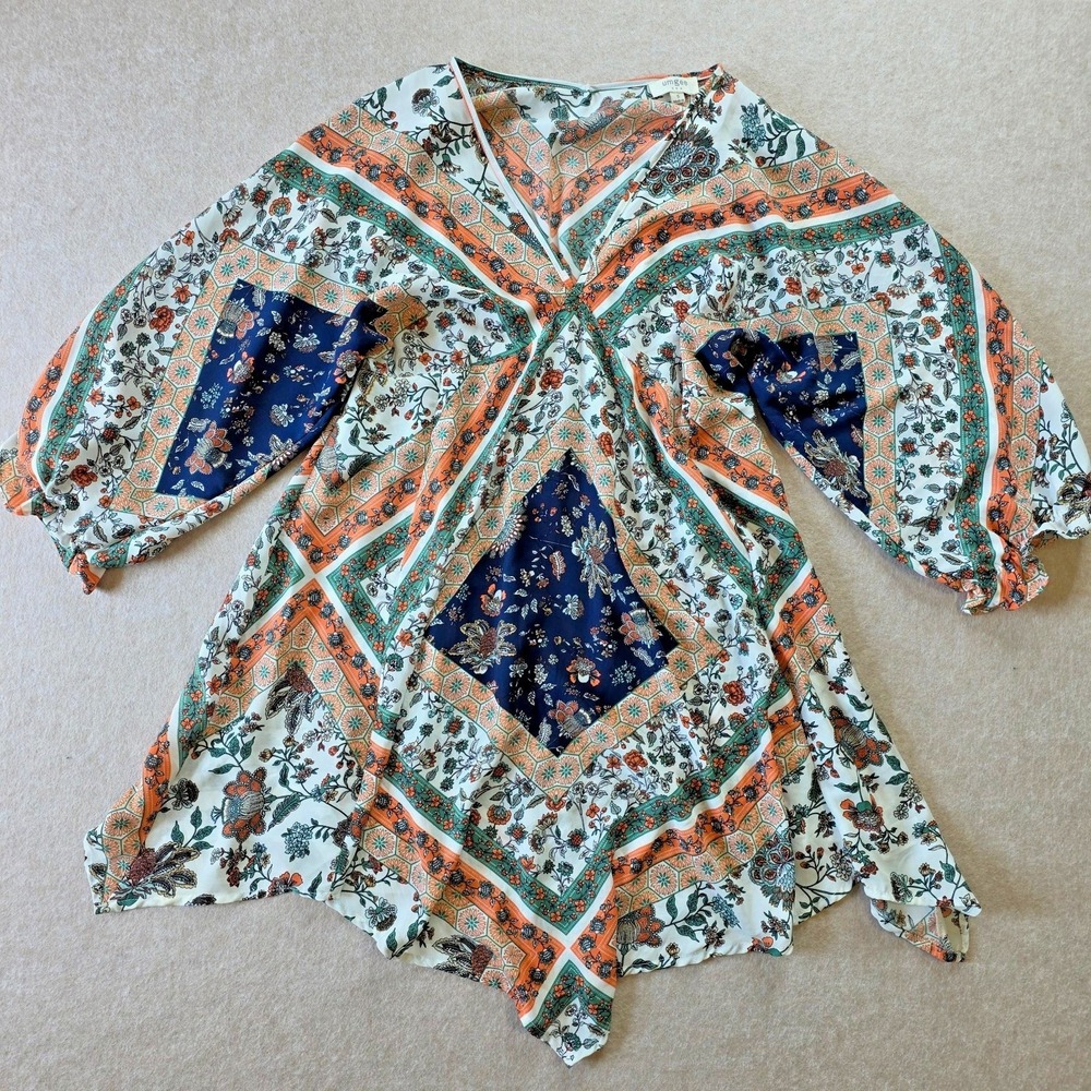 Umgee Babydoll Bandana Dress Sz‎ S Puff Sleeve Cottage Handkerchief Y2K Fairy